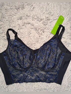 NWT 44D Lace Underwire Bra Top with Blue Black Embroidery